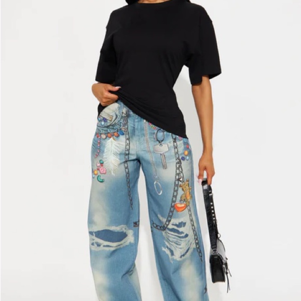 Fashion Nova Distressed illusion printed light wash jeans